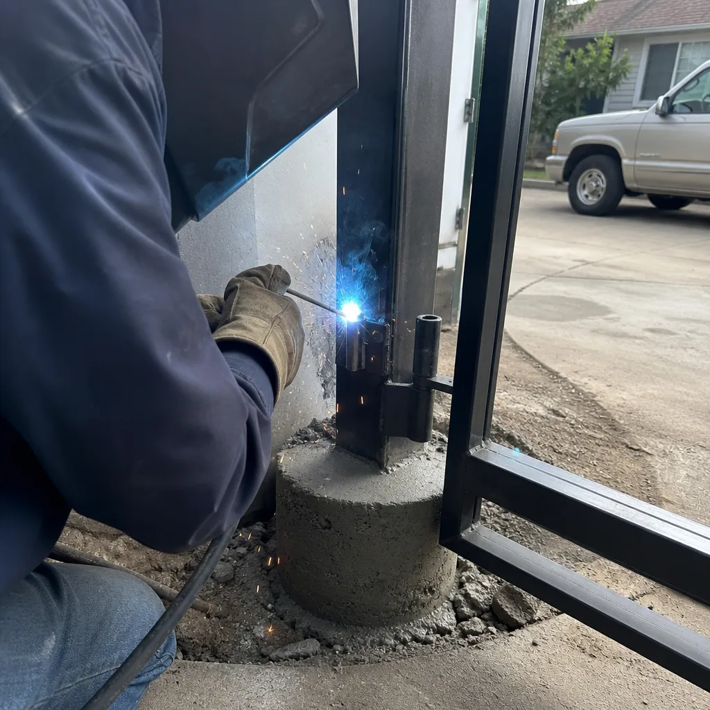 Professional welder installing a steel gate hinge on a concrete post.