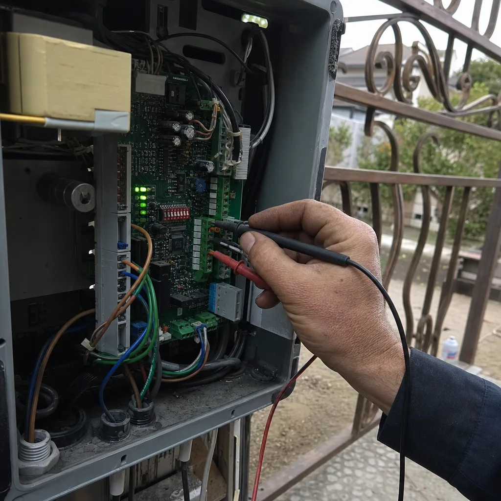 Technician repairing an automated gate motor control board with a multimeter