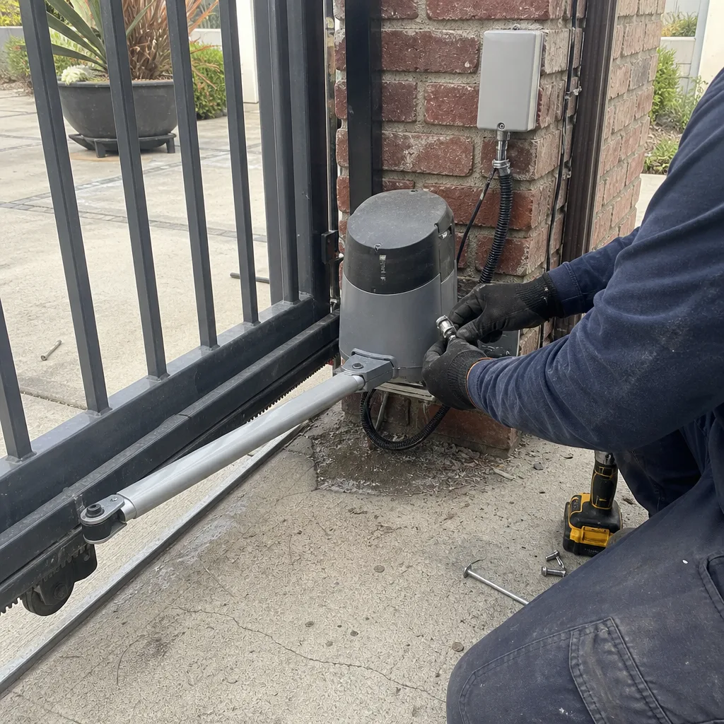 Technician performing gate motor and opener repair on a residential driveway.