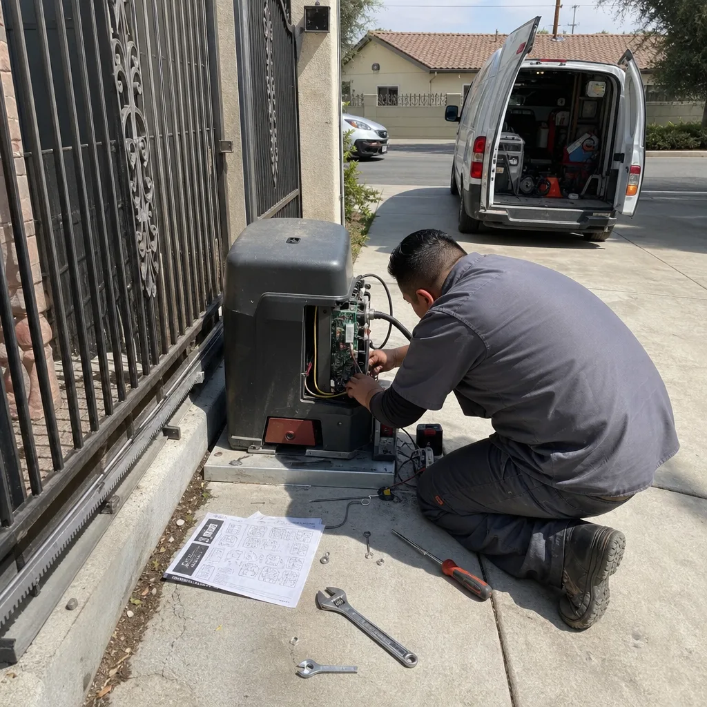 Technician performing professional gate motor and opener repair service