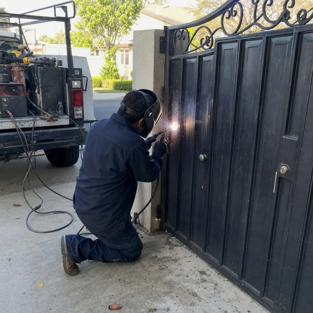 Professional welder performing gate repair and hinge welding on metal gate